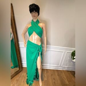 NWT Elegant Green Halter Wrap Skirt Set
